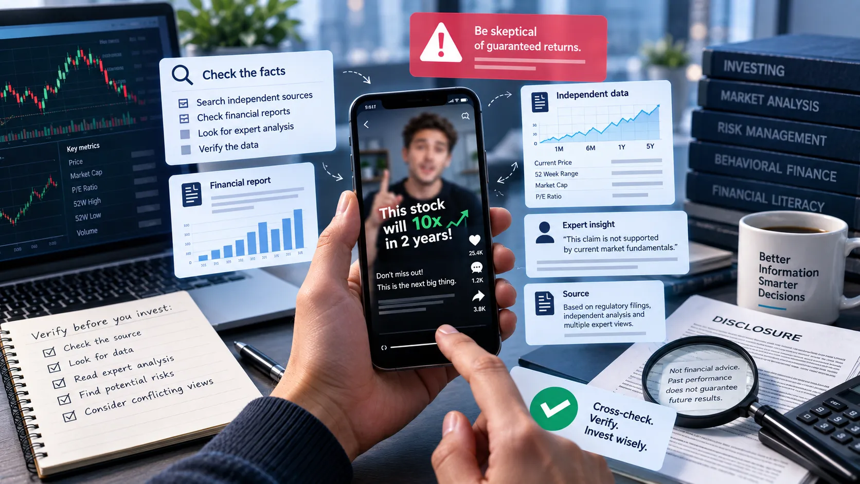 Person fact-checking a finfluencer's stock advice using financial reports, charts, source documents, and verification tools.