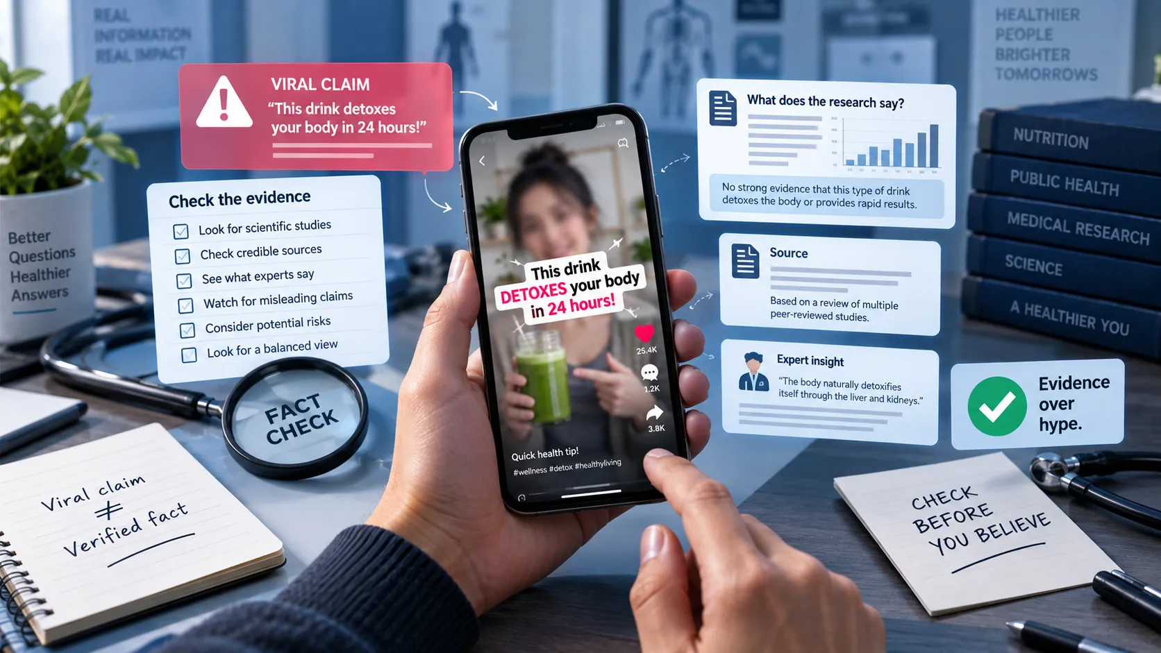 Person verifying a viral TikTok health claim using medical research, source checks, evidence cards, and a fact-checking checklist.