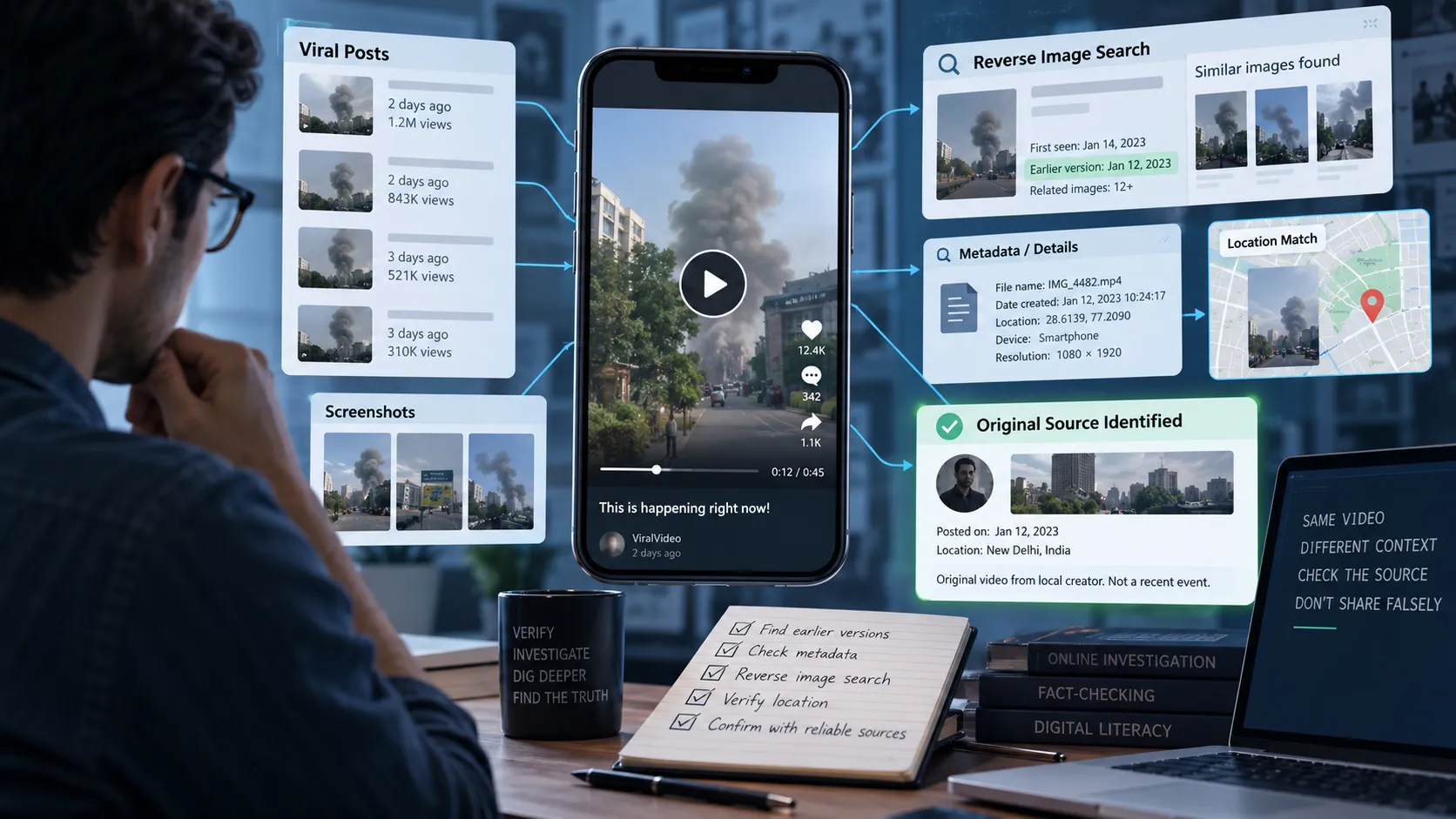 Guide showing how to trace a viral video back to its original source using reverse search and digital verification techniques.