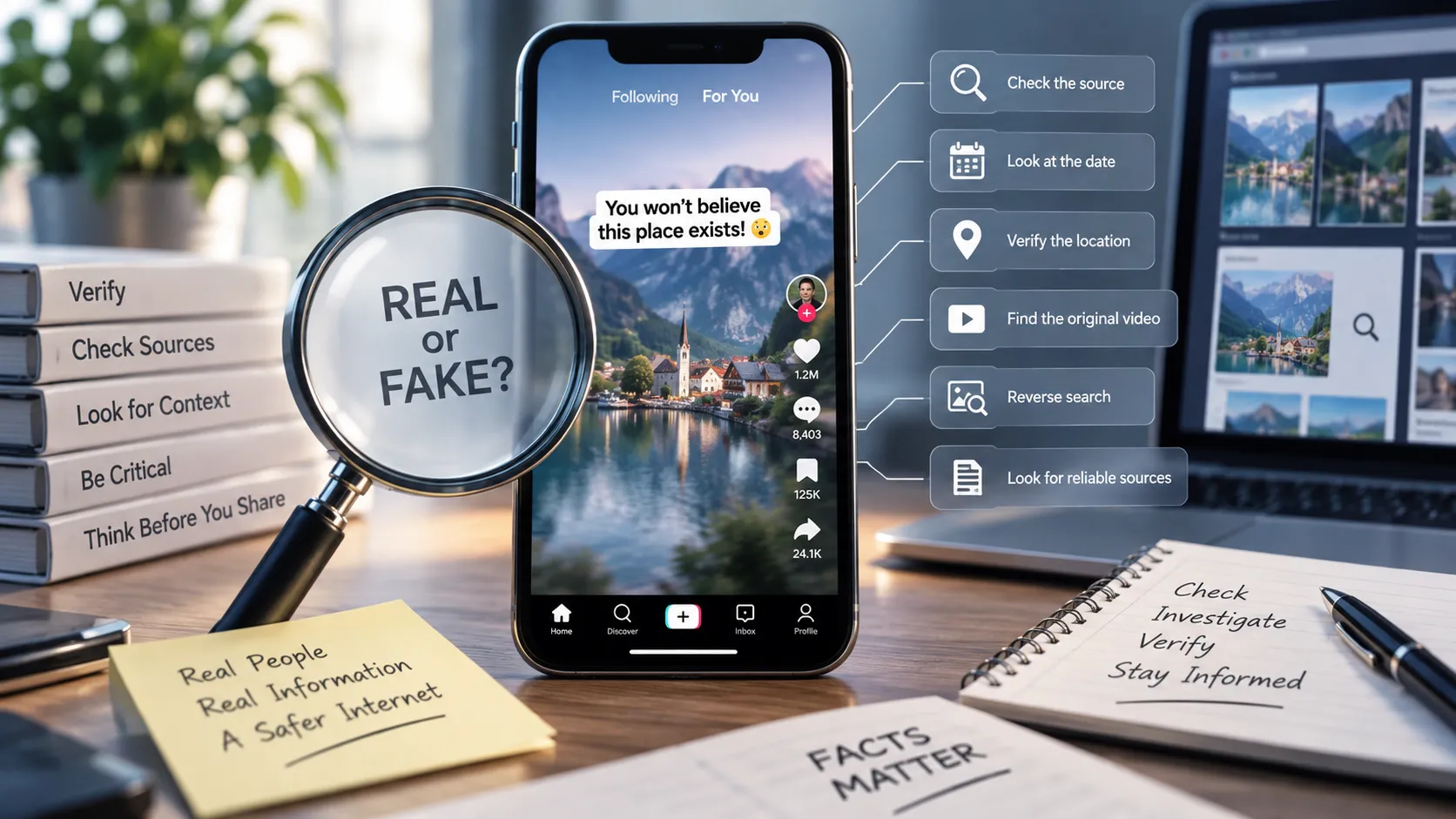 A person checking whether a TikTok video is real using source verification, timestamps, location clues, and digital fact-checking.