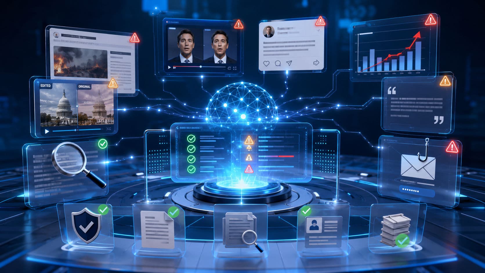 Digital illustration showing different forms of misinformation including fake news, manipulated images, deepfake videos, misleading headlines, and AI-powered fa