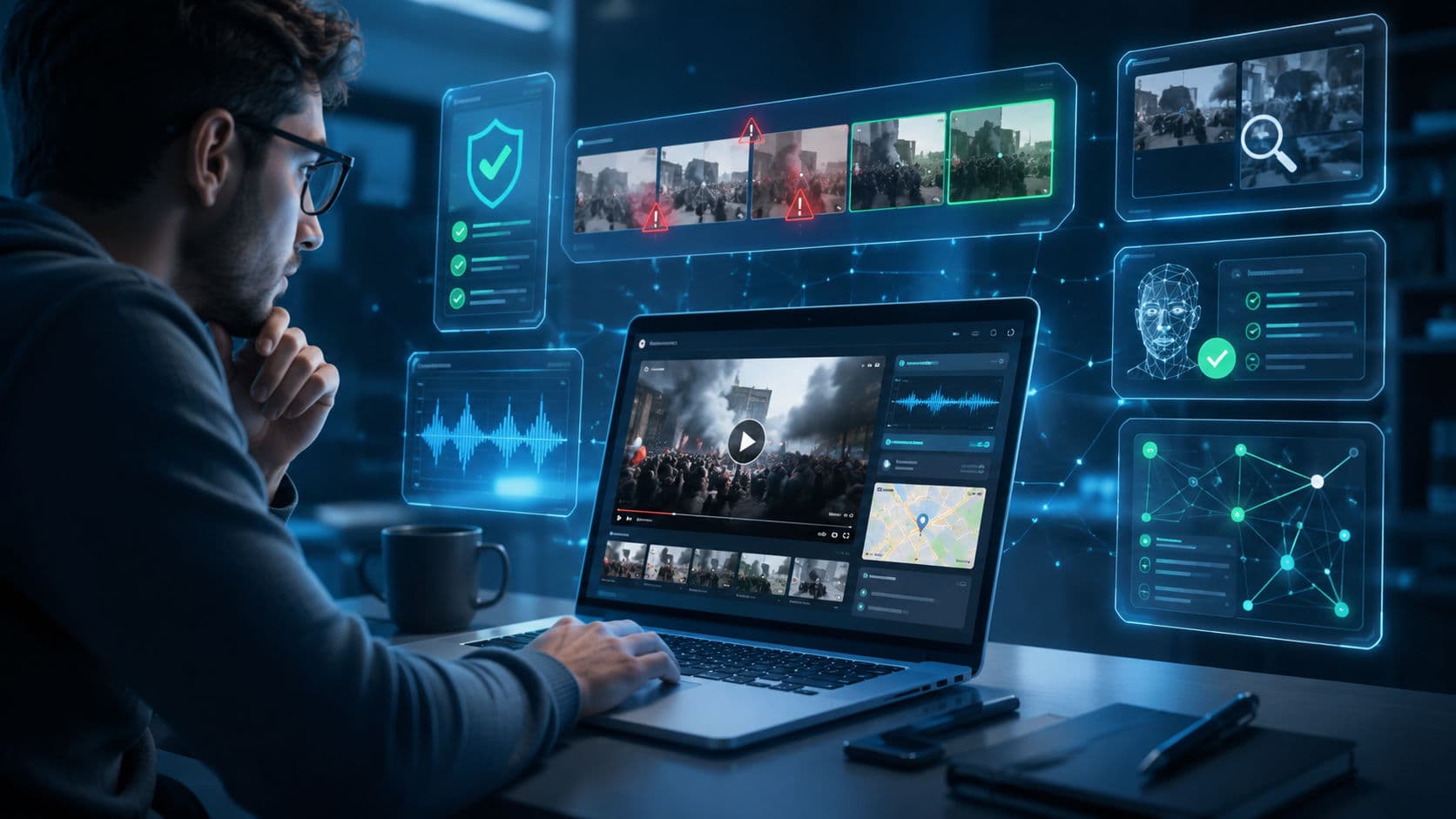Person verifying a viral video using AI-powered fact-checking tools with holographic video analysis, verification checkmarks, warning alerts, and trusted source