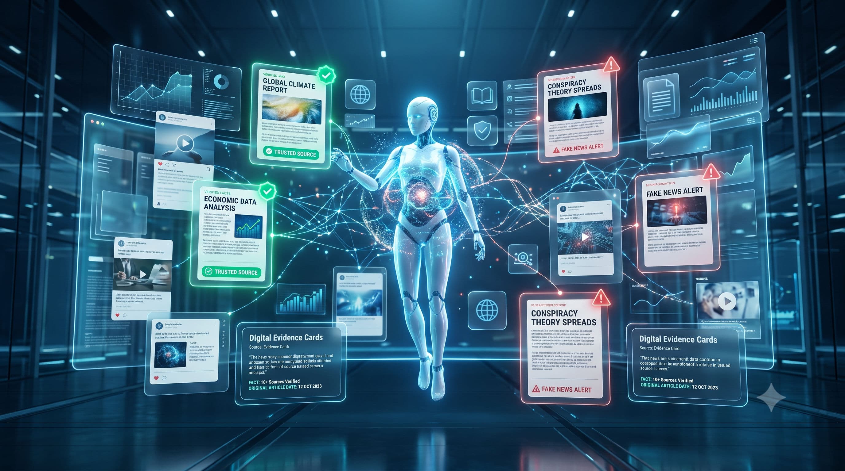 Modern AI assistant verifying online information using digital documents, fact-checking interface, trusted sources, and futuristic blue technology background.