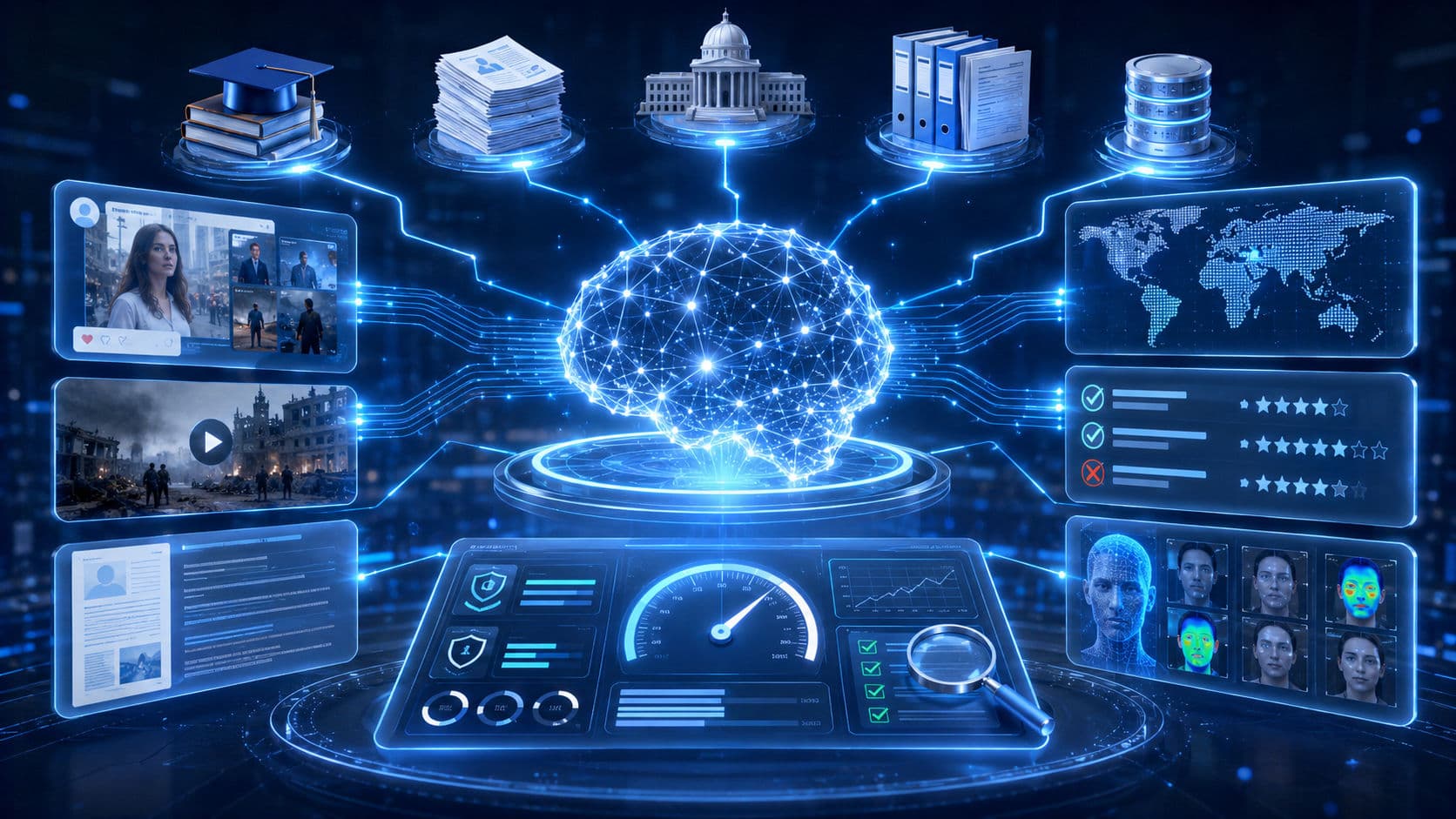 Futuristic AI analyzing digital information and verifying facts across multiple screens with trusted evidence.