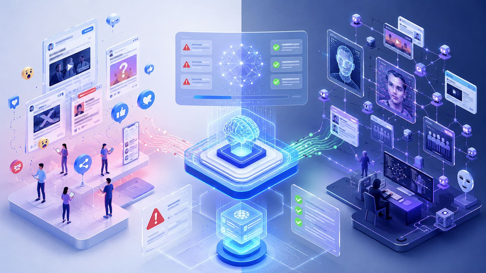 Illustration showing verified and false information with AI-powered fact-checking and digital news elements.