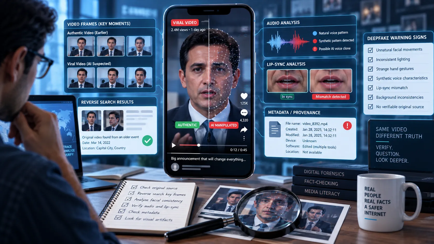 Illustration showing how to detect deepfake videos using facial, audio, source, and digital verification clues.