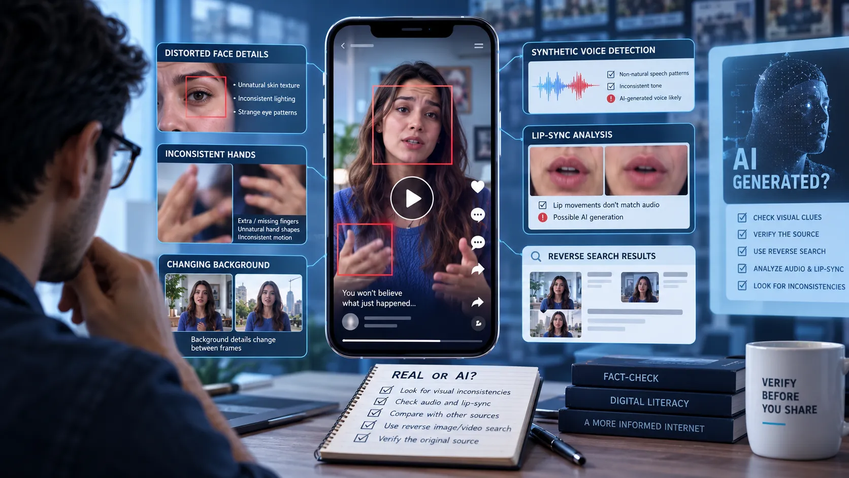 How to identify AI-generated videos on TikTok, Instagram, and YouTube using visual, audio, source, and context clues.