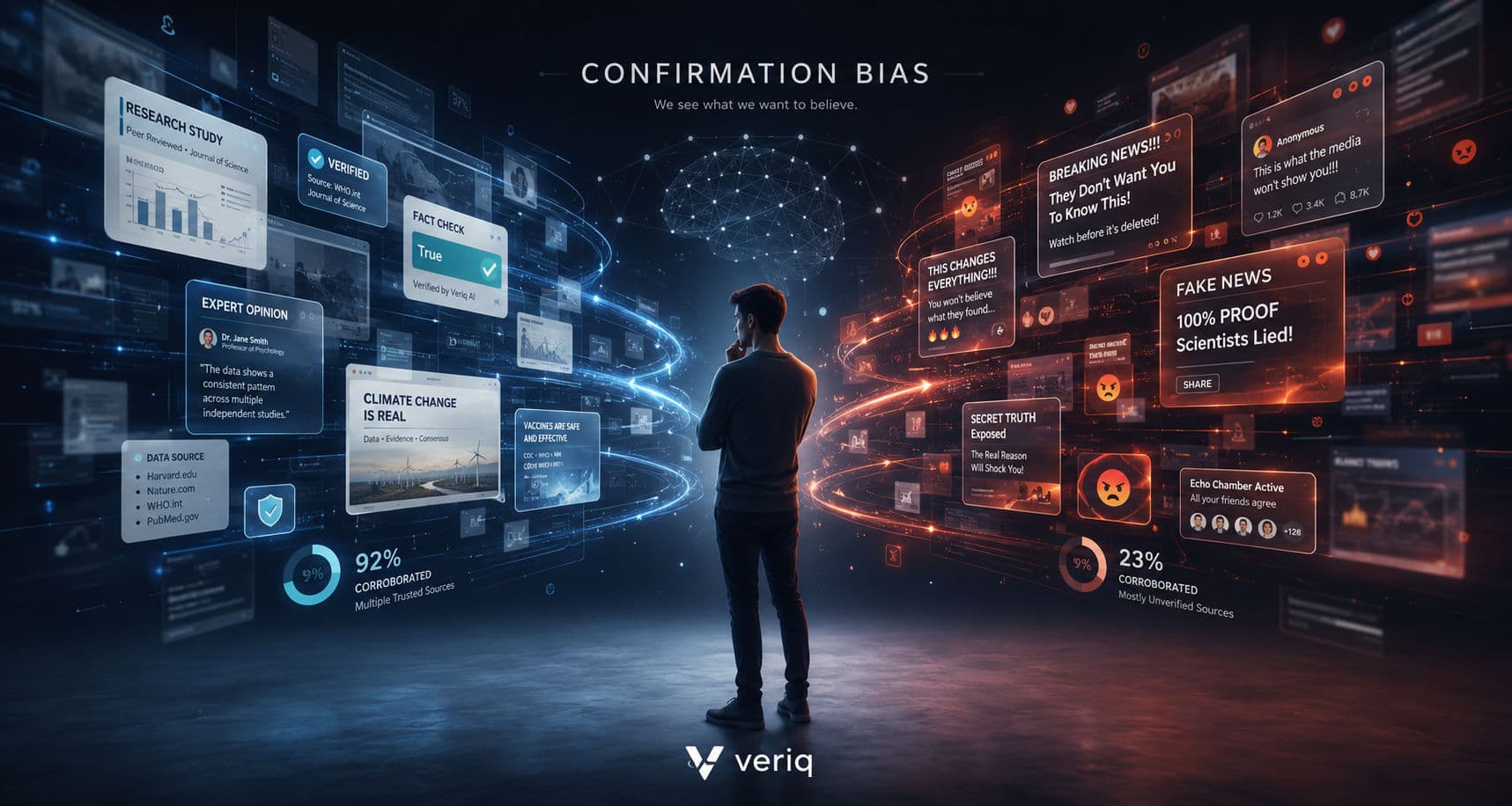 Editorial illustration showing a person surrounded by conflicting news, social media posts, and fact-check symbols representing confirmation bias.