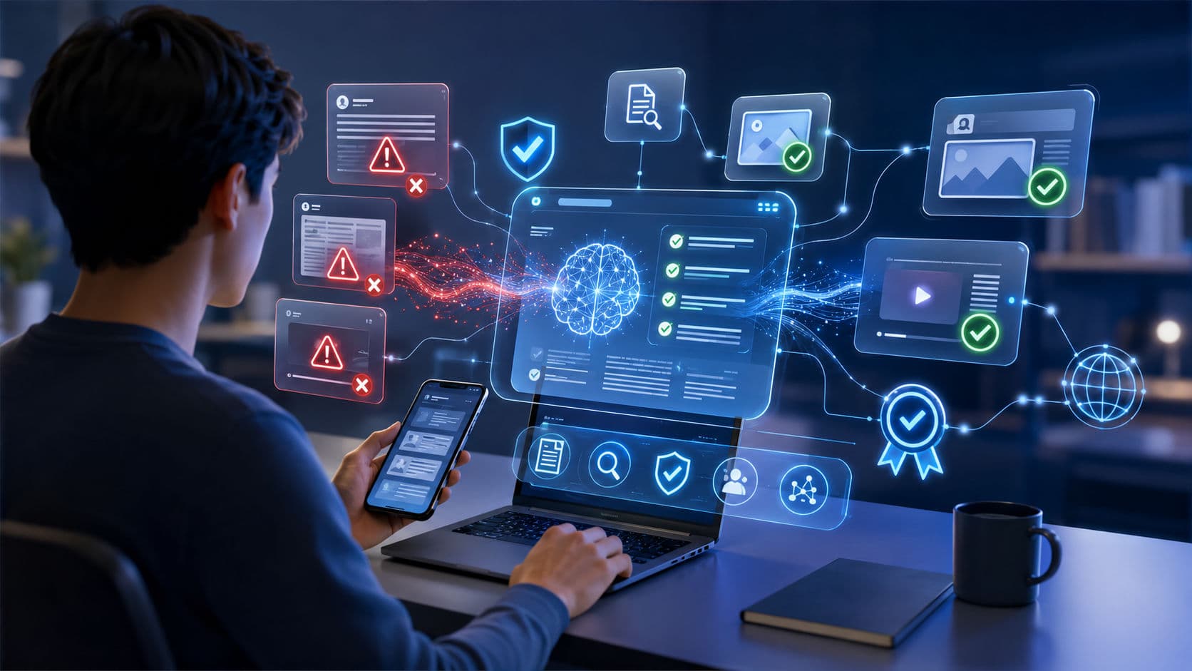 Person analyzing online news and social media posts with AI-powered verification tools, fact-check symbols, trusted source icons, and digital security interface