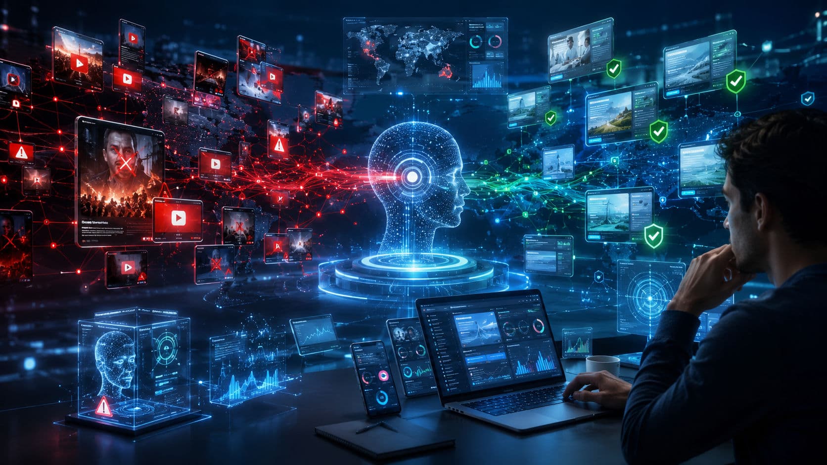 Person using a smartphone while fake news spreads across social media with red warning icons as AI verifies trustworthy information using blue holographic inter